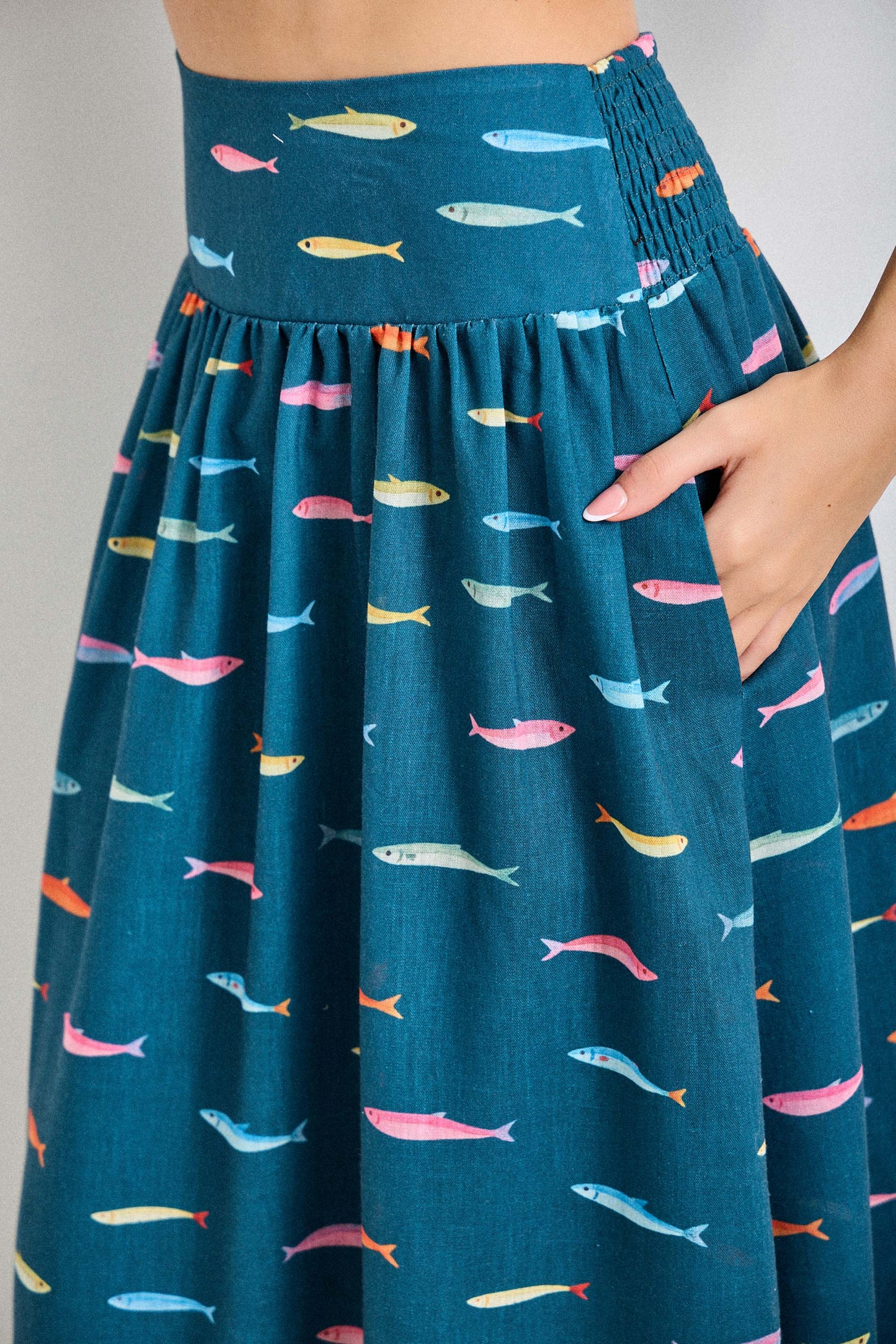 Fin Print in Teal Smocked Midi Skirt