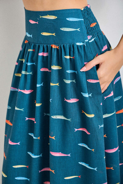 Fin Print in Teal Smocked Midi Skirt