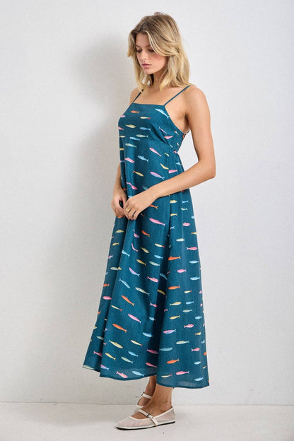 Fin Print in Teal Midi Dress