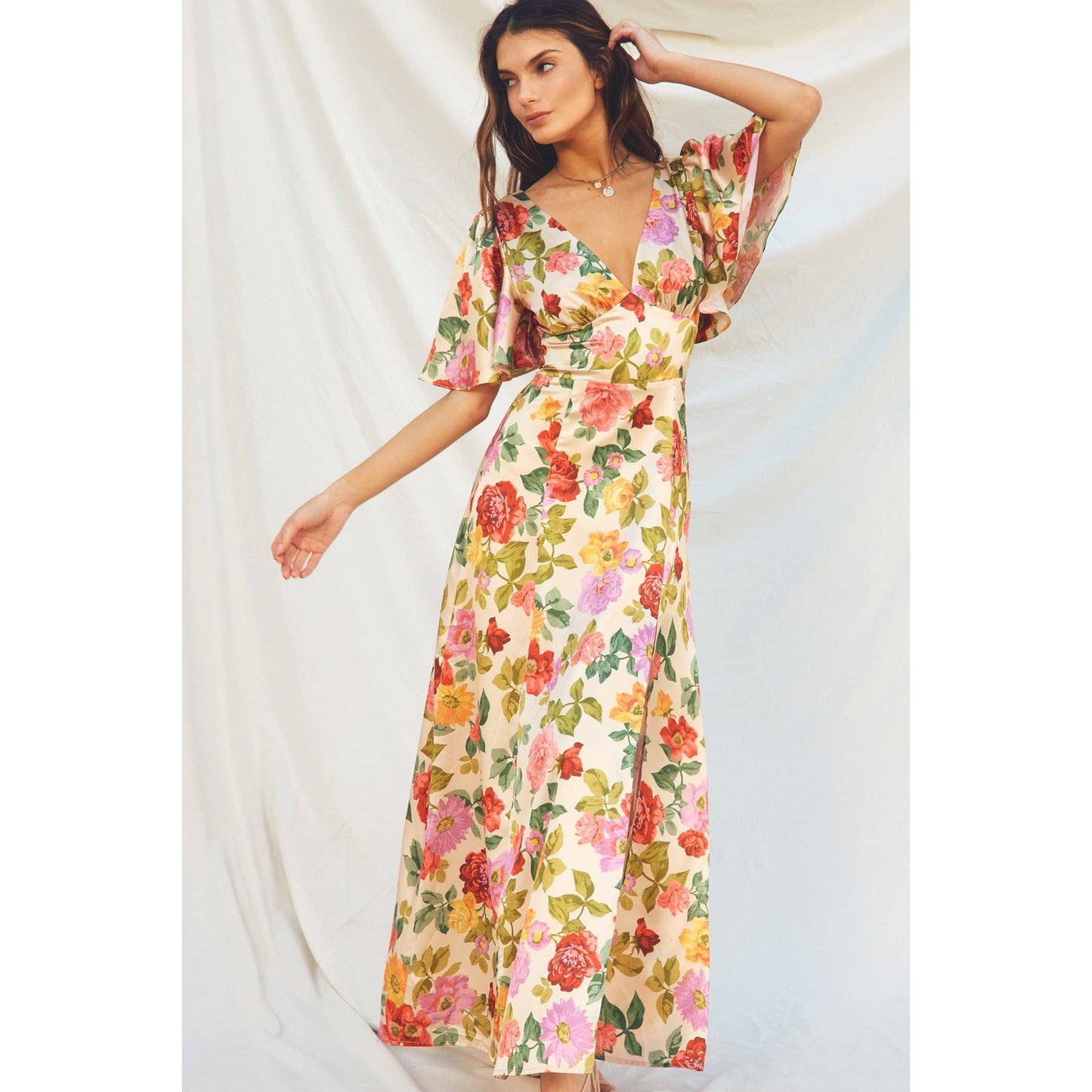 Gift of Love Flutter Sleeve Plunging Maxi Dress
