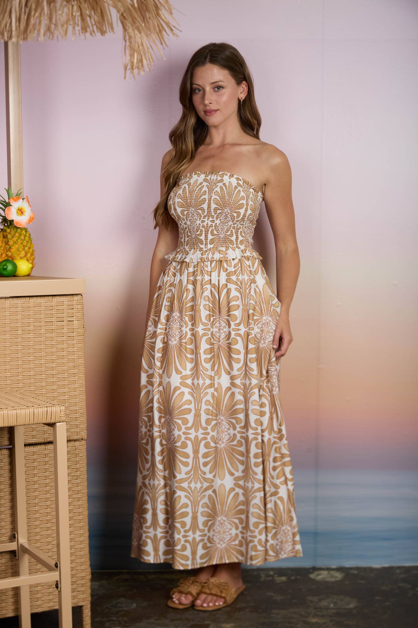 DEMASK PATTERN STRAPLESS SMOCKED MIDI SUNDRESS