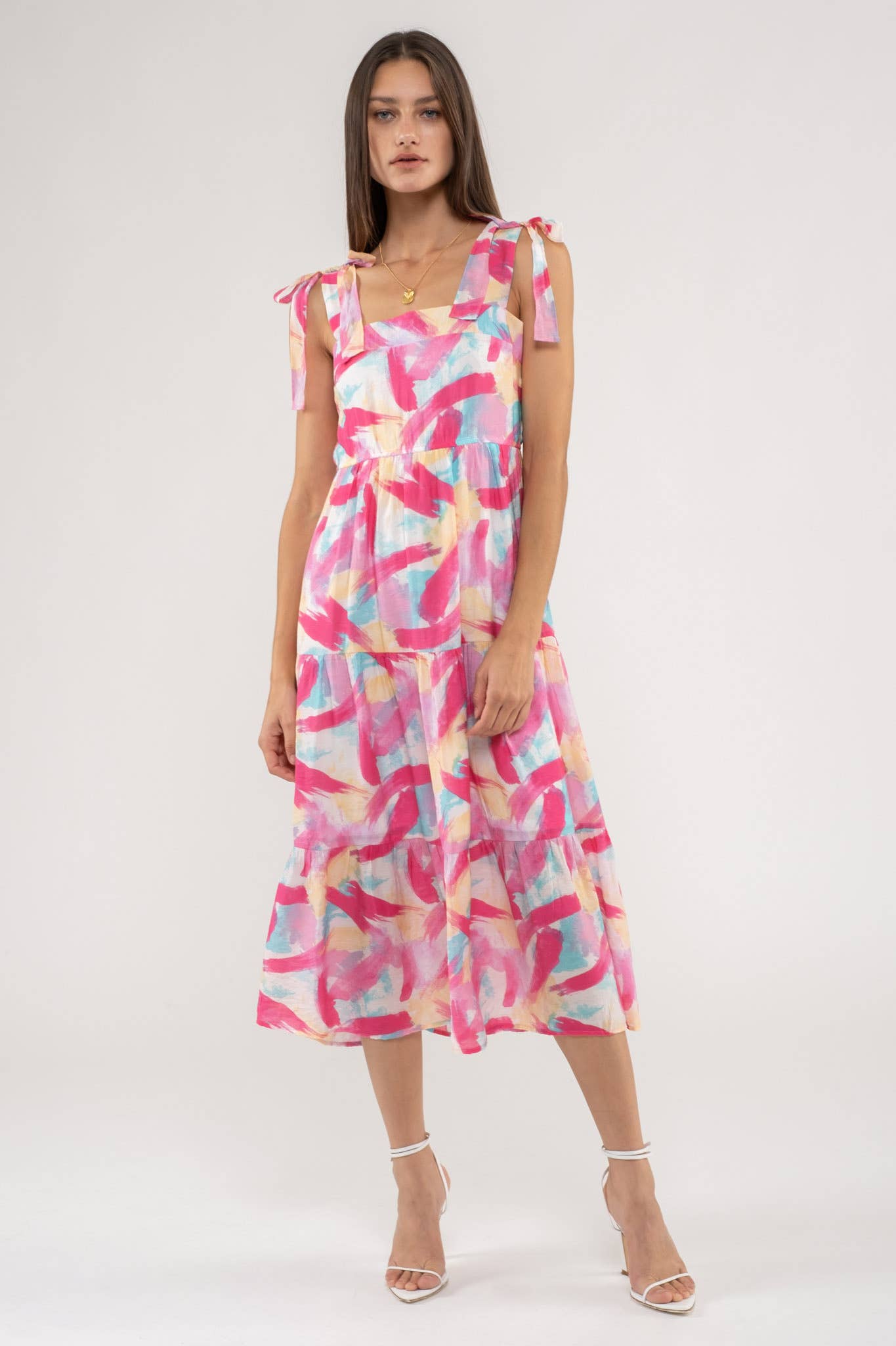 BRUSH STROKE PRINT TIERED MIDI DRESS