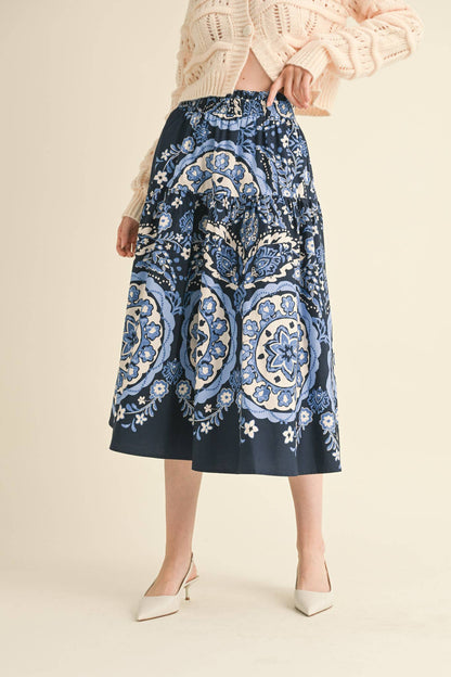Navy Medallion Pull on Skirt