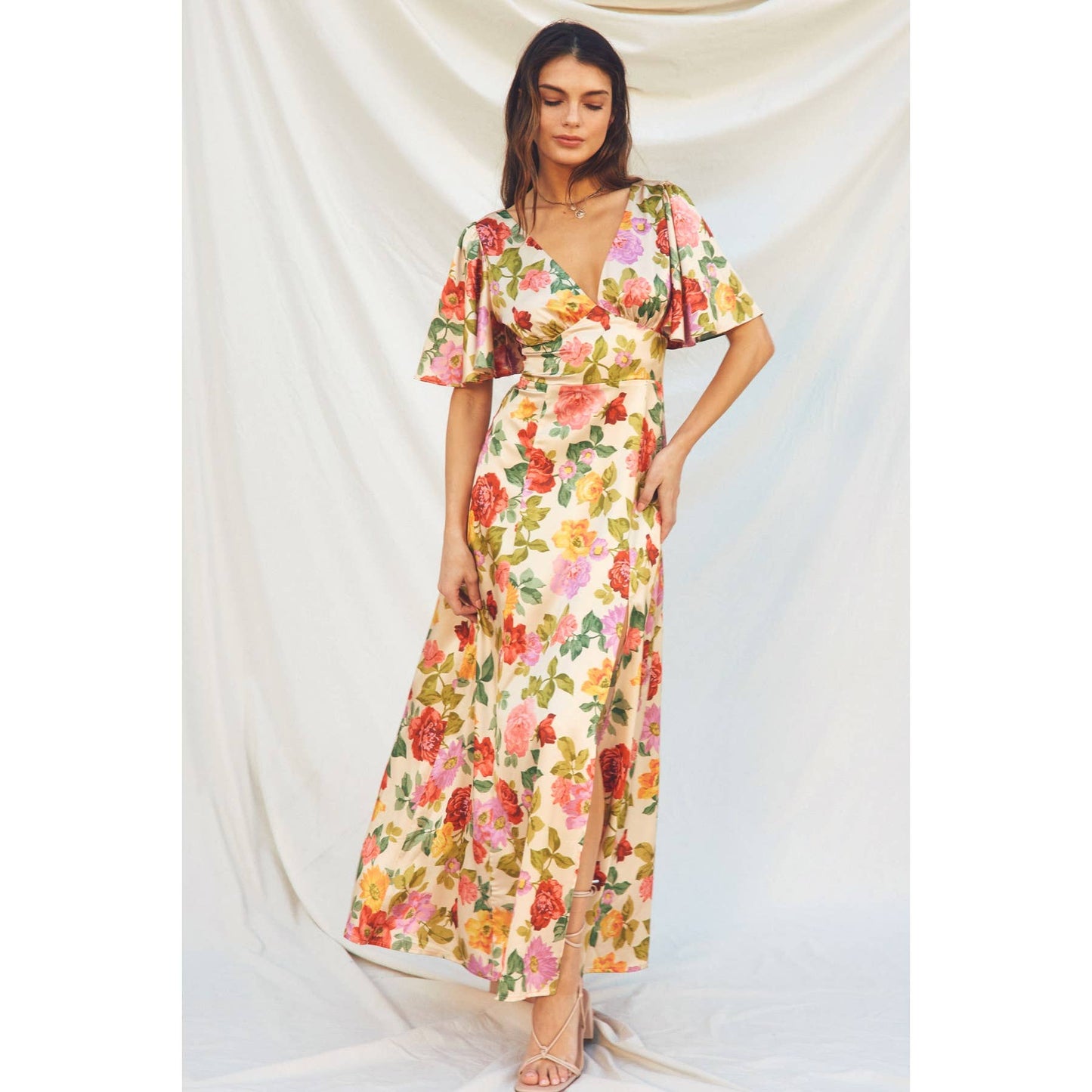 Gift of Love Flutter Sleeve Plunging Maxi Dress