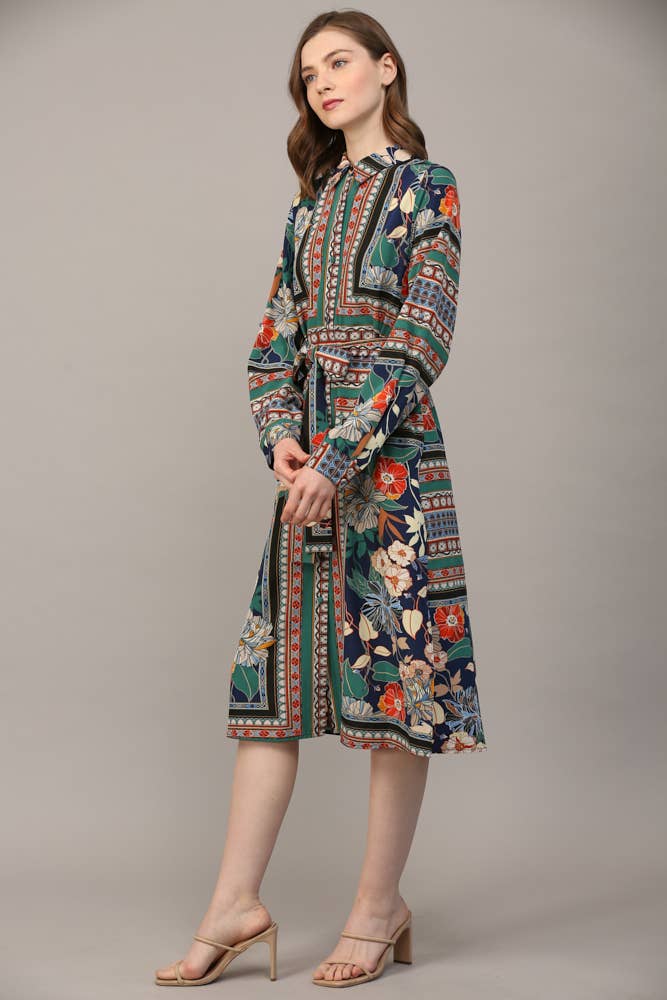 SILK SCARF PRINT SHIRT DRESS