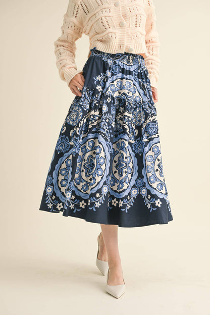 Navy Medallion Pull on Skirt