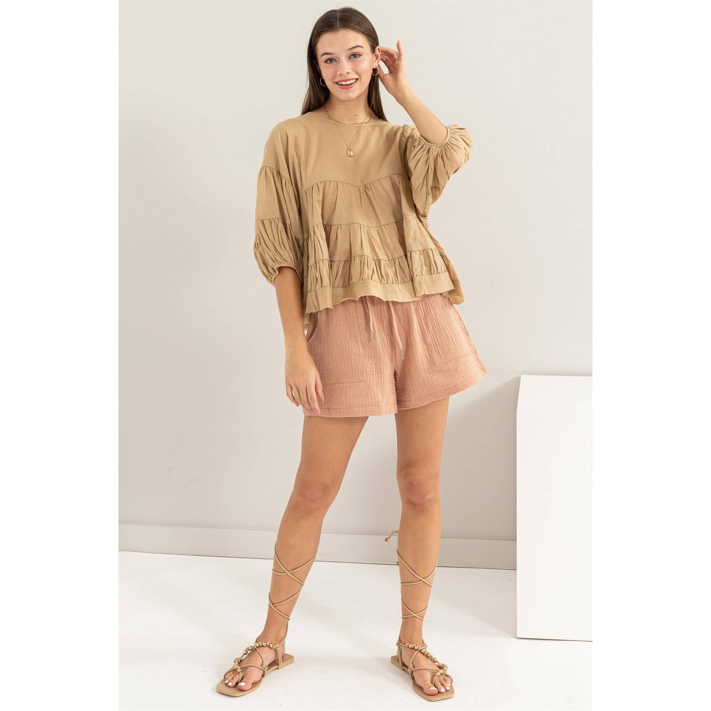 Pure Love Babydoll Blouse Tan