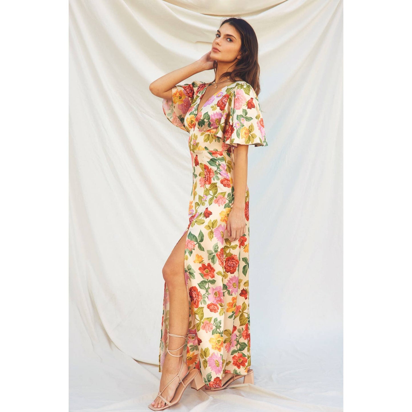 Gift of Love Flutter Sleeve Plunging Maxi Dress