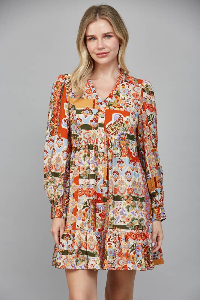 Patchwork Ruffled Mini Dress