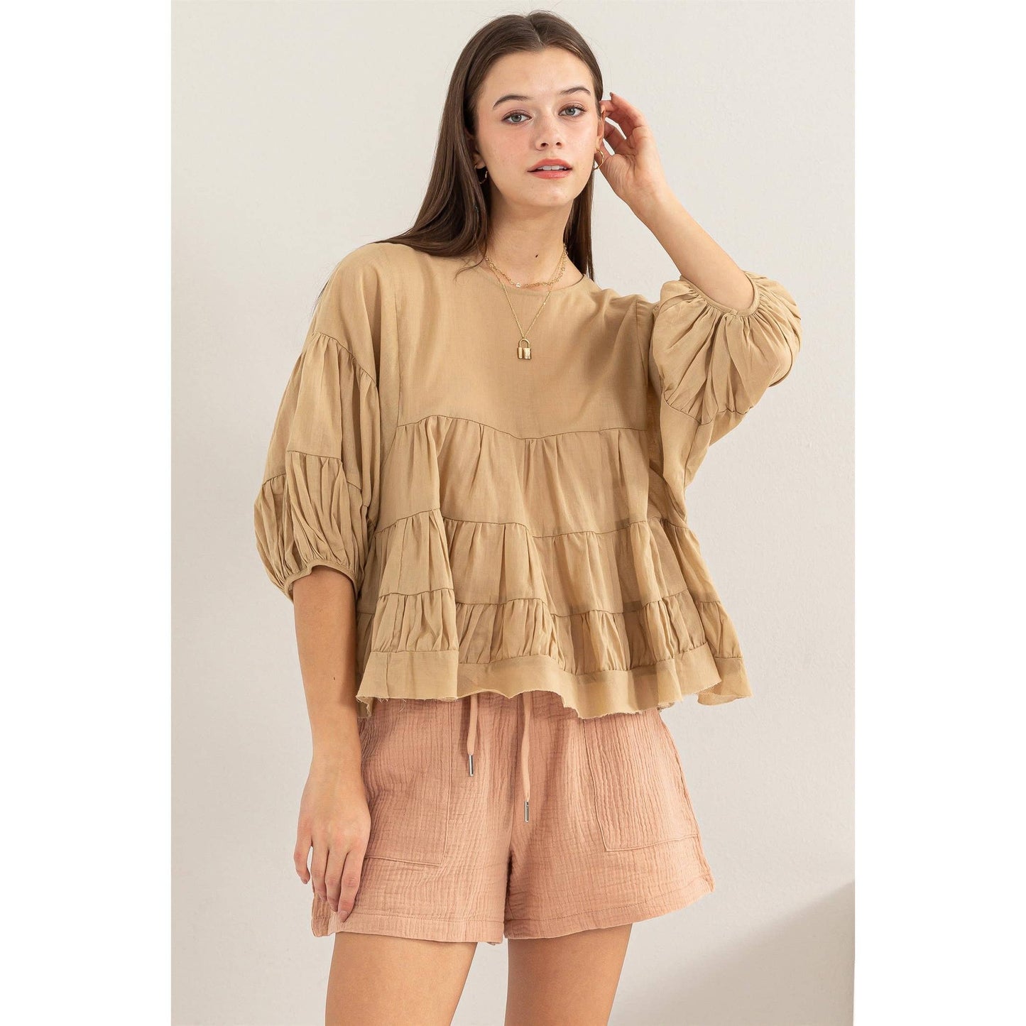 Pure Love Babydoll Blouse Tan