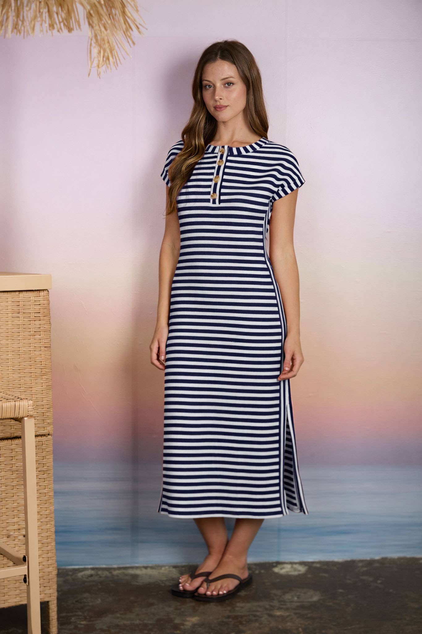 HENLEY SHORT SLEEVE KNIT MIDI DRESS NAVY