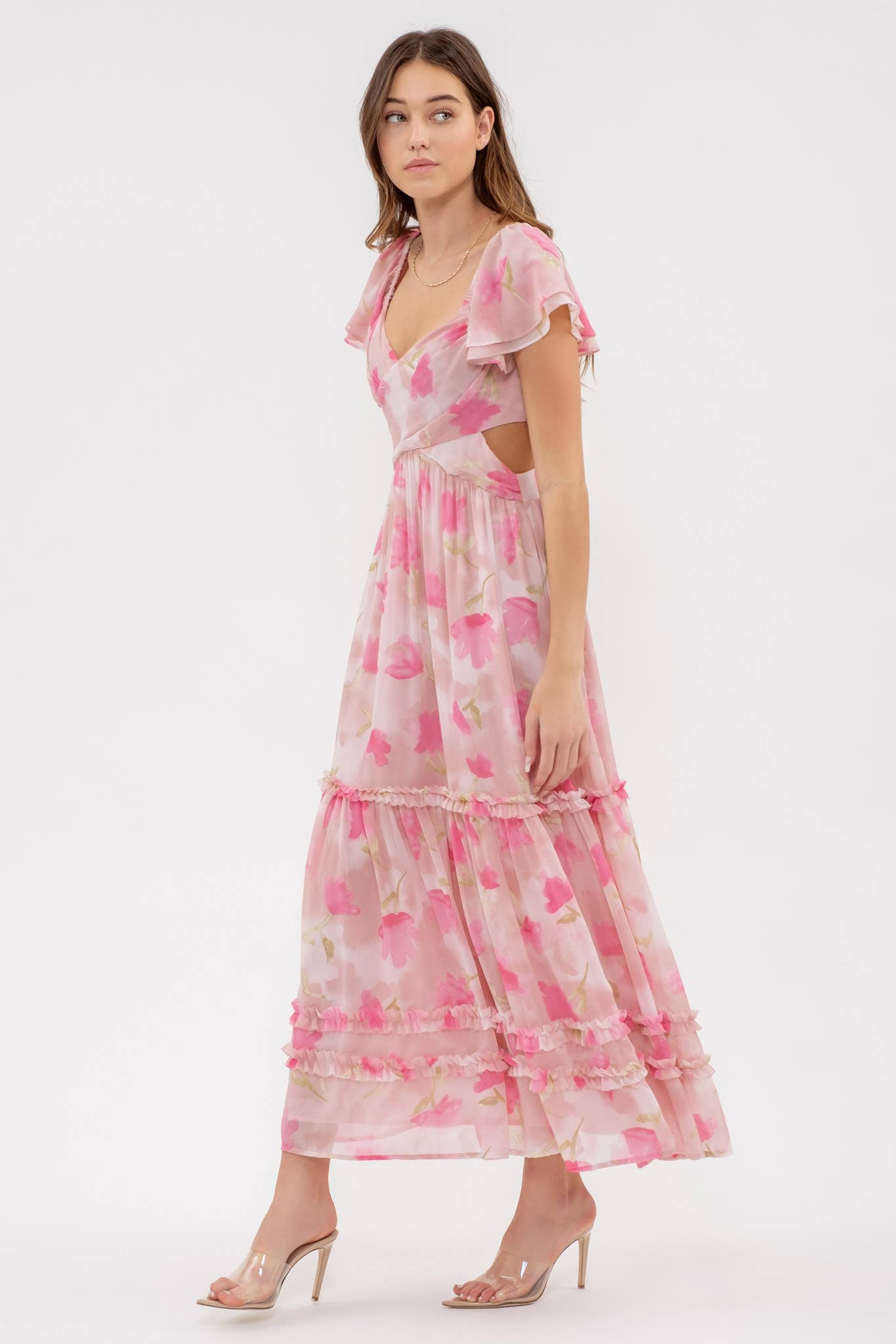 FLORAL WAIST CUT OUT RUFFLE MAXI DRESS