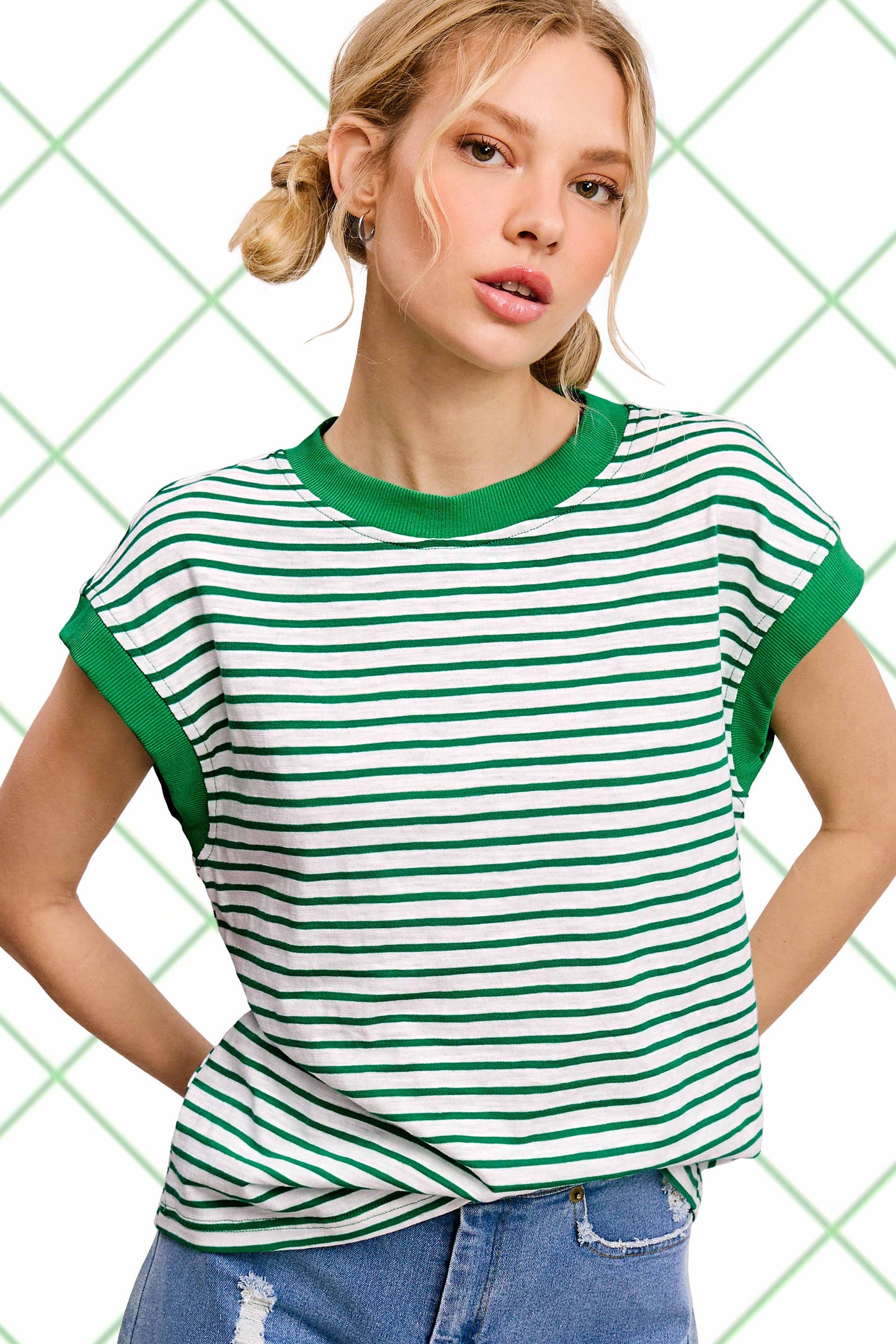 Nautical Cap Sleeve Striped Top Apple Green