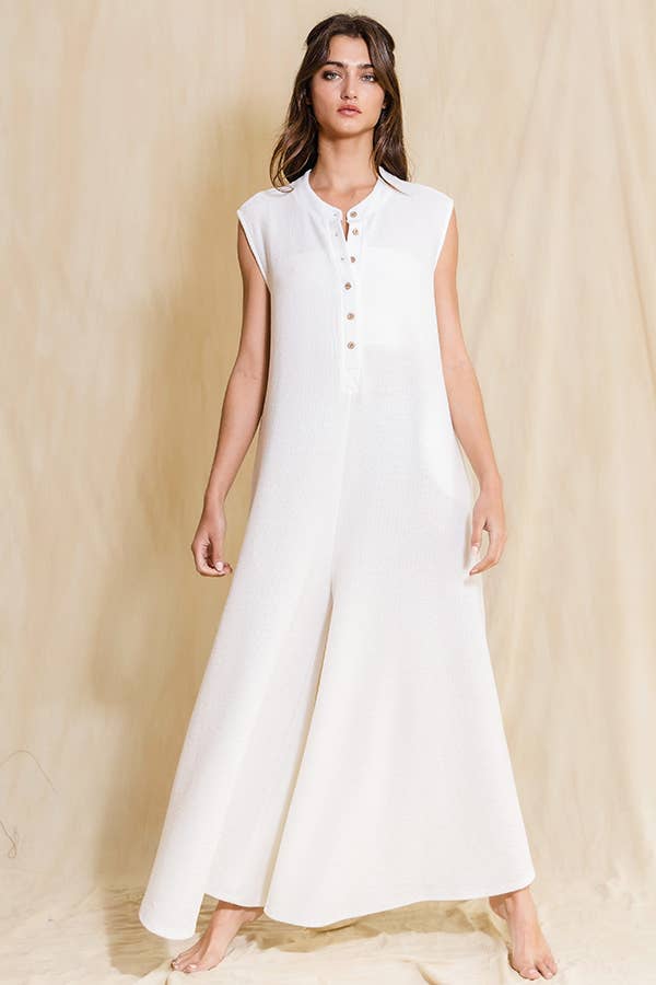 Wide Leg Button-up Loose Fit Solid Jumpsuit